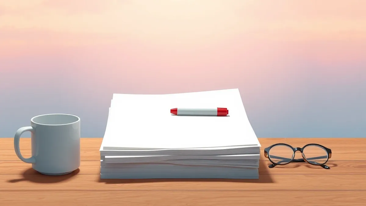 Illustration: A stack of blank white papers sits on a wooden table next to an empty coffee mug and a pair of glasses.