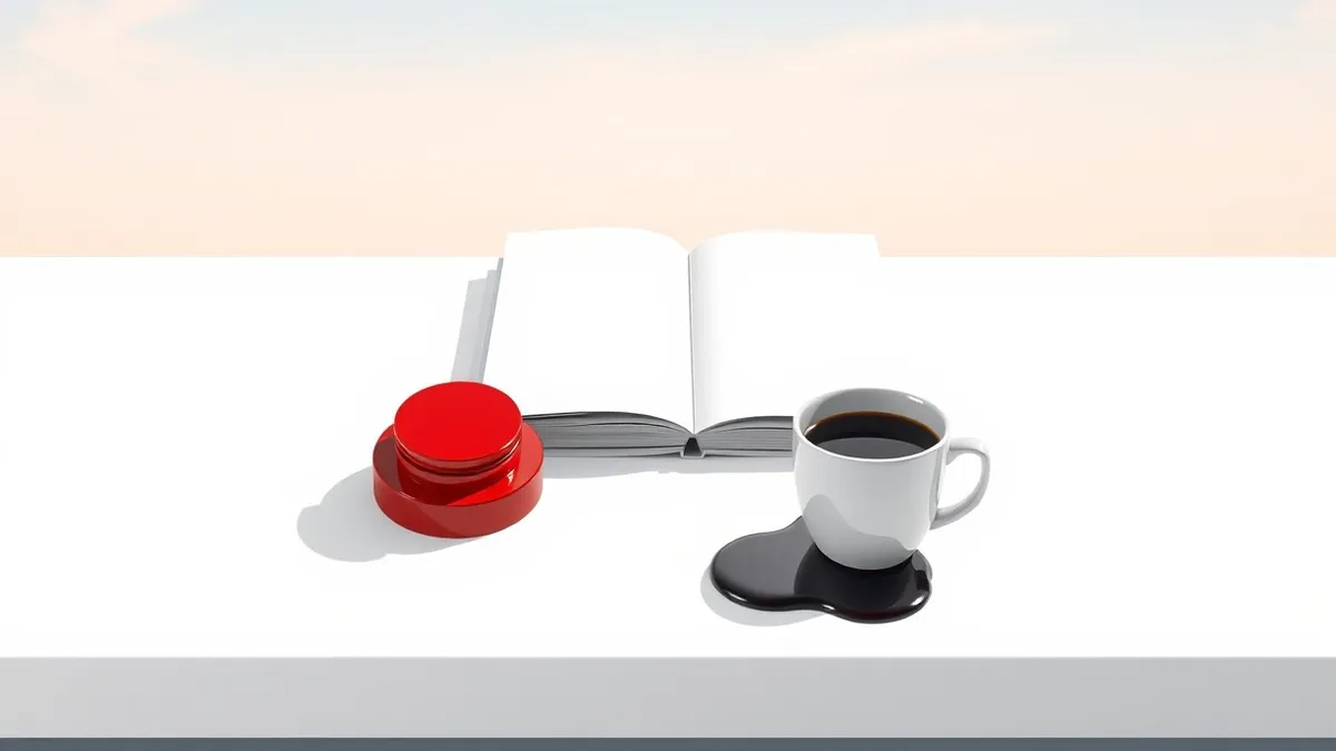 Illustration: A stark white desk holds a single, thick manual with a blank cover.
