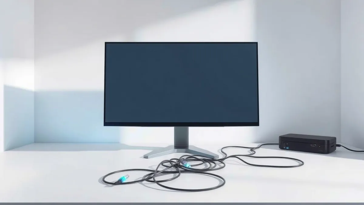 Illustration: A sleek desktop monitor sits on a clean white desk, displaying a blank screen with a single, glowing blue cursor hovering near the corner.