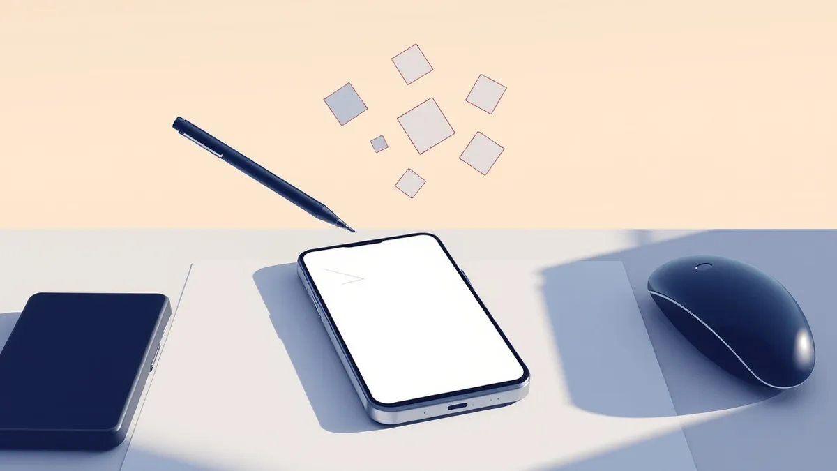 Illustration: A smartphone rests on a desk, its screen displaying a blank chat interface with abstract geometric shapes floating above it.