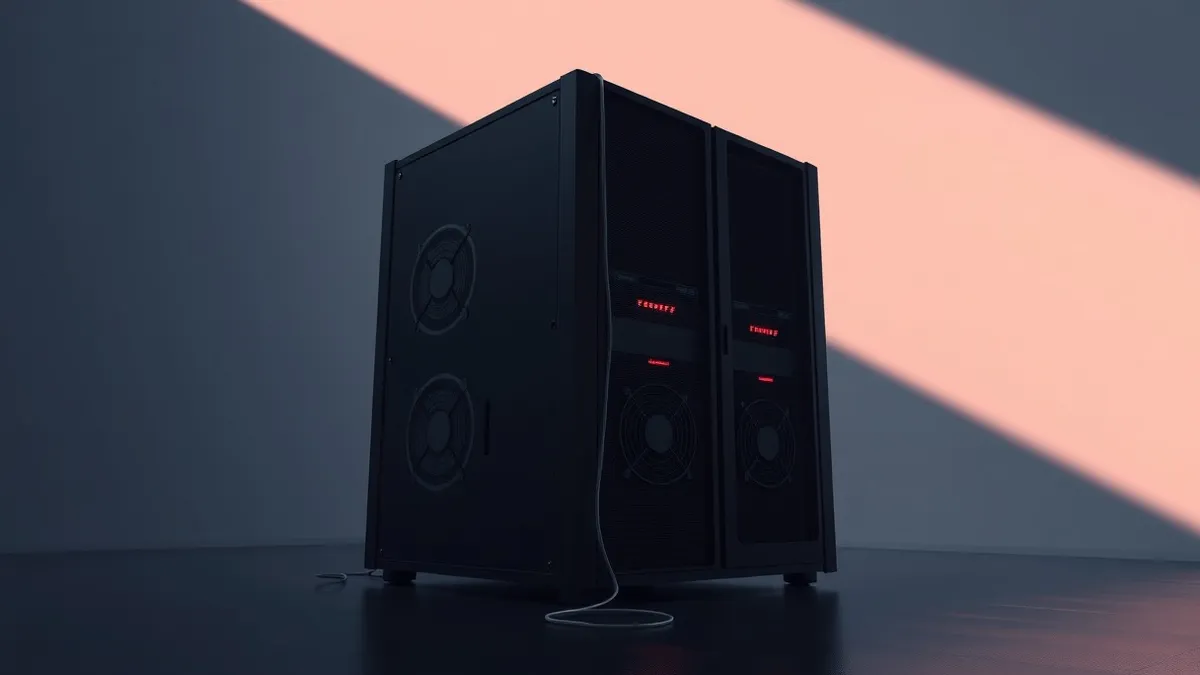 Illustration: A sleek black server unit sits in a dark room, its cooling fans spinning frantically while faint red warning lights pulse on the front panel.