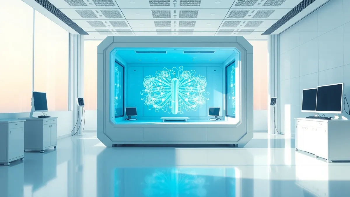 Illustration: A sleek, white testing chamber sits in a sterile laboratory, with a single complex neural network model hovering in the center.