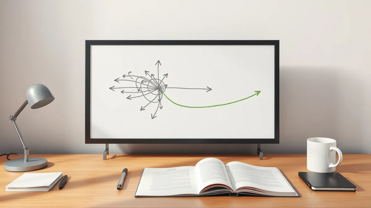 Illustration: A blank whiteboard displays tangled grey arrows crossing a solid black barrier, while a single green path flows smoothly around the obstacle.