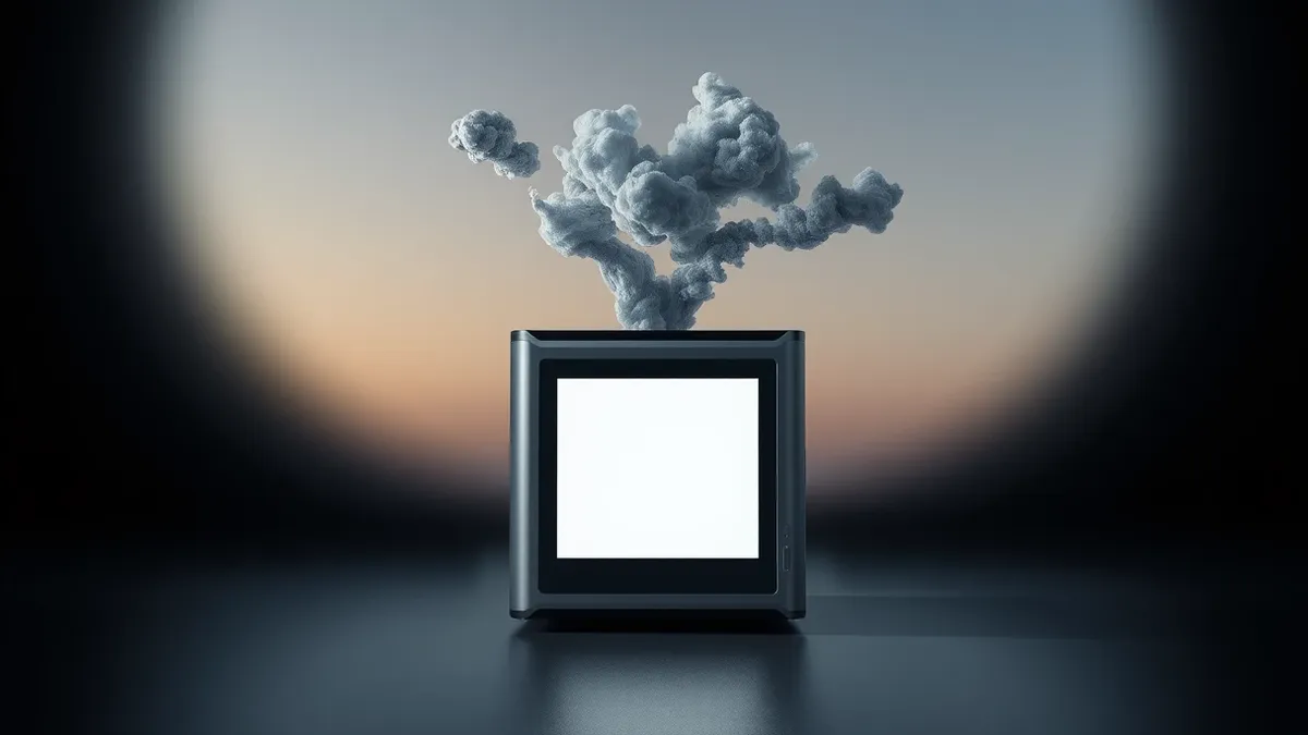 Illustration: A sleek silver server sits isolated in a dark room, its single front panel displaying a blank white screen.