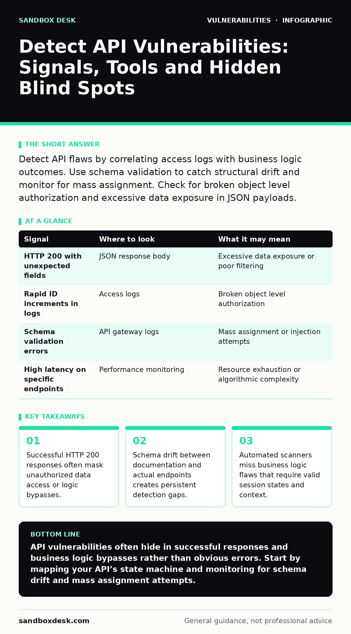 Infographic: Detect API Vulnerabilities: Signals, Tools and Hidden Blind Spots. Successful HTTP 200 responses often mask unauthorized data access or logic bypasses. Schema drift between documentation and actual endpoints creates persistent detection gaps. Automated scanners miss business logic flaws