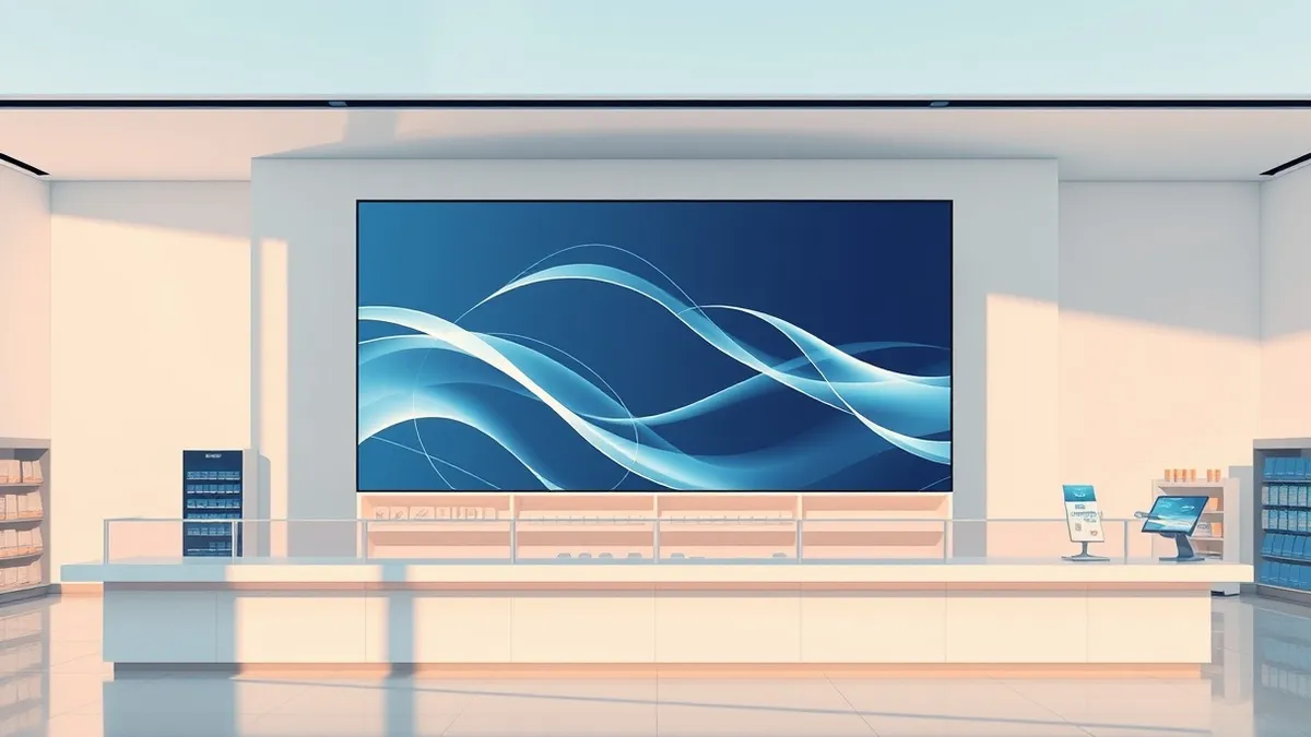 Illustration: A sleek, modern retail counter with a large, blank digital display screen above it.