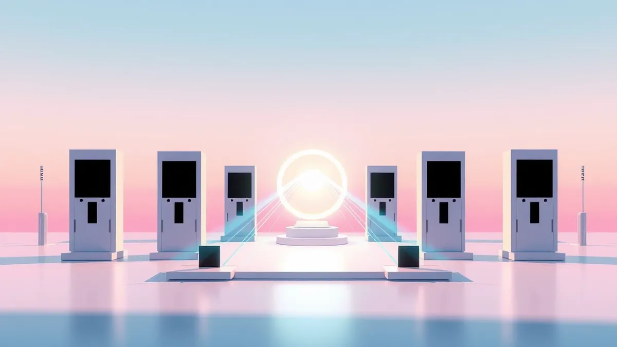 Illustration: A central glowing core sends streams of light through multiple checkpoints, each guarded by a sleek geometric barrier.