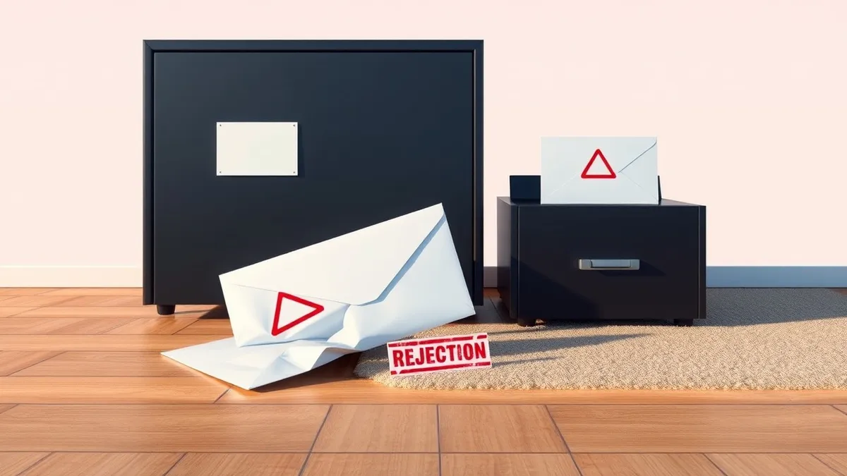 Illustration: A blank white envelope with a triangular tax symbol lies crumpled on a wooden floor next to a second identical envelope resting neatly on a sleek black filing cabinet