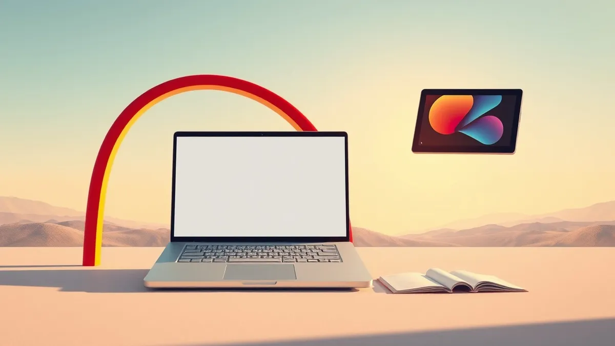 Illustration: A red and yellow fast-food arch sits beside a sleek silver laptop with a blank screen and a floating tablet displaying abstract geometric shapes, representing the con