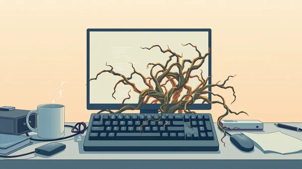 Illustration: A mechanical keyboard rests on a cluttered desk beside a steaming mug.