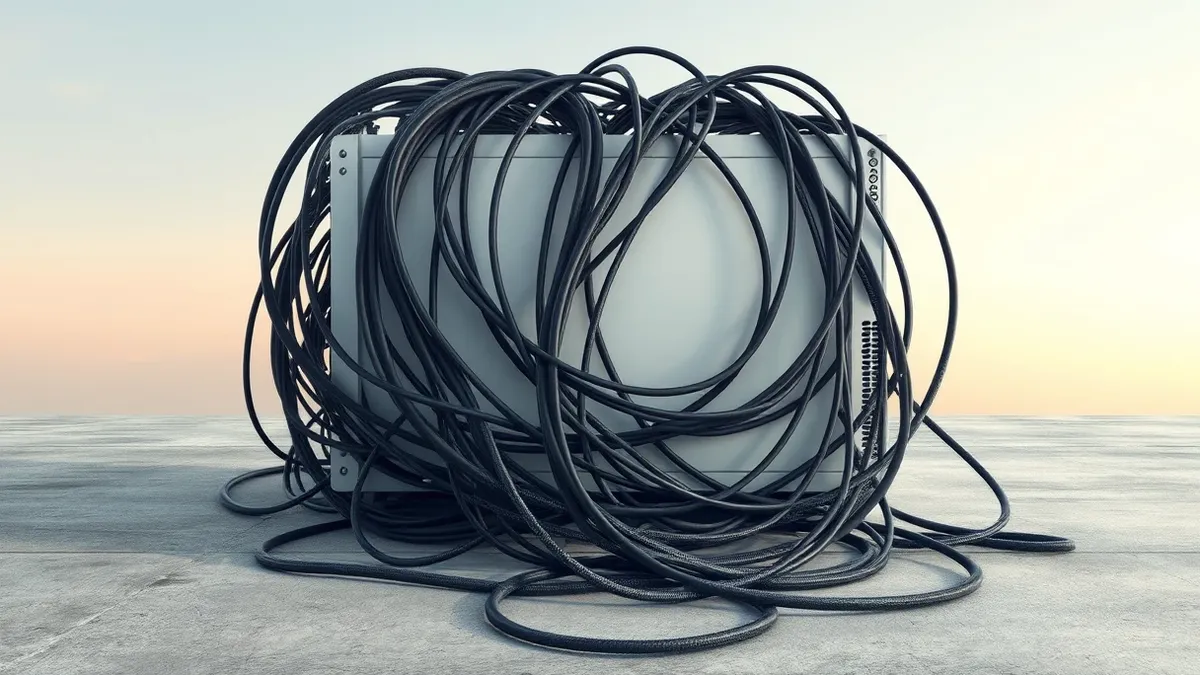 Illustration: A tangled knot of thick black and grey cables lies on a concrete floor, wrapping around a blank white server chassis.