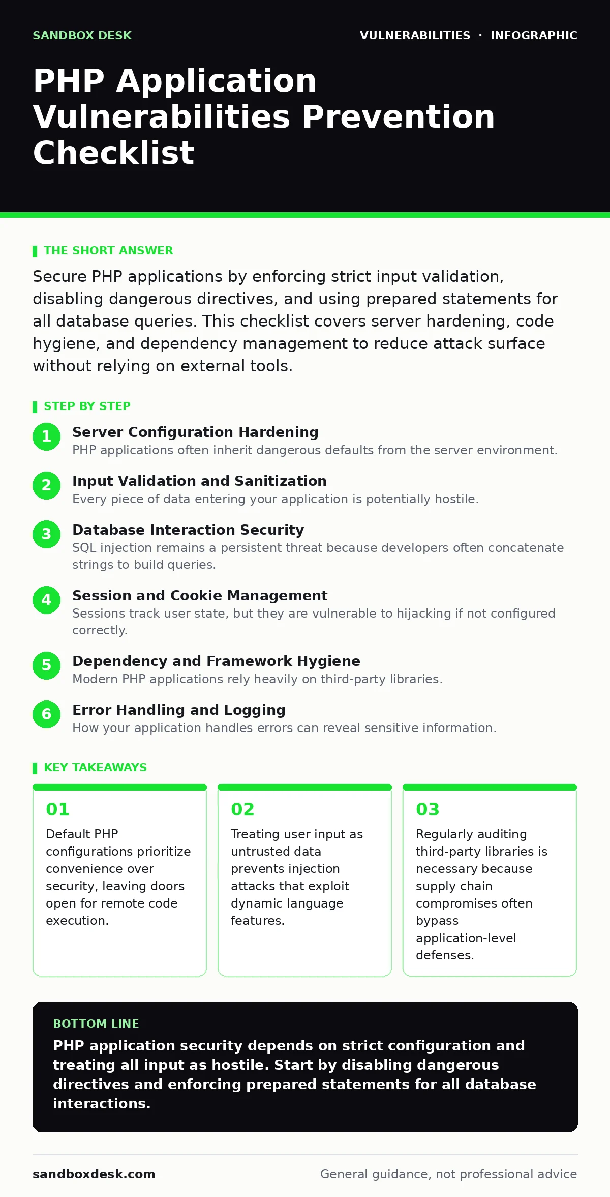 Infographic: PHP Application Vulnerabilities Prevention Checklist. Default PHP configurations prioritize convenience over security, leaving doors open for remote code execution. Treating user input as untrusted data prevents injection attacks that exploit dynamic language features. Regularly auditin