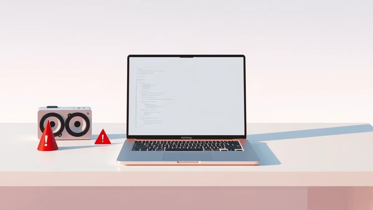 Illustration: A clean white desk holds a single open laptop displaying blank code editors.