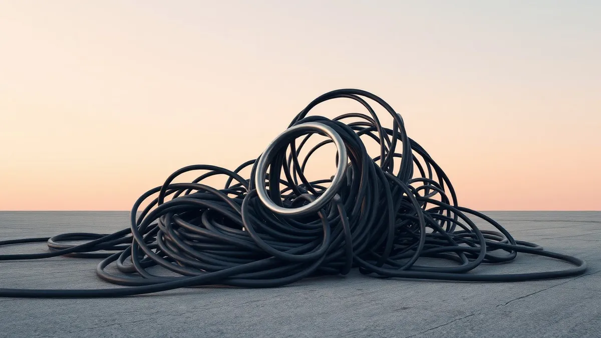 Illustration: A tangled knot of thick black cables lies on a concrete floor, with one strand threaded through a metallic ring.