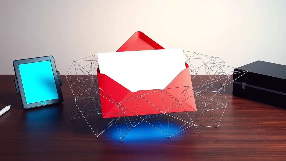 Illustration: A large red envelope containing a blank white letter sits on a dark wooden desk.
