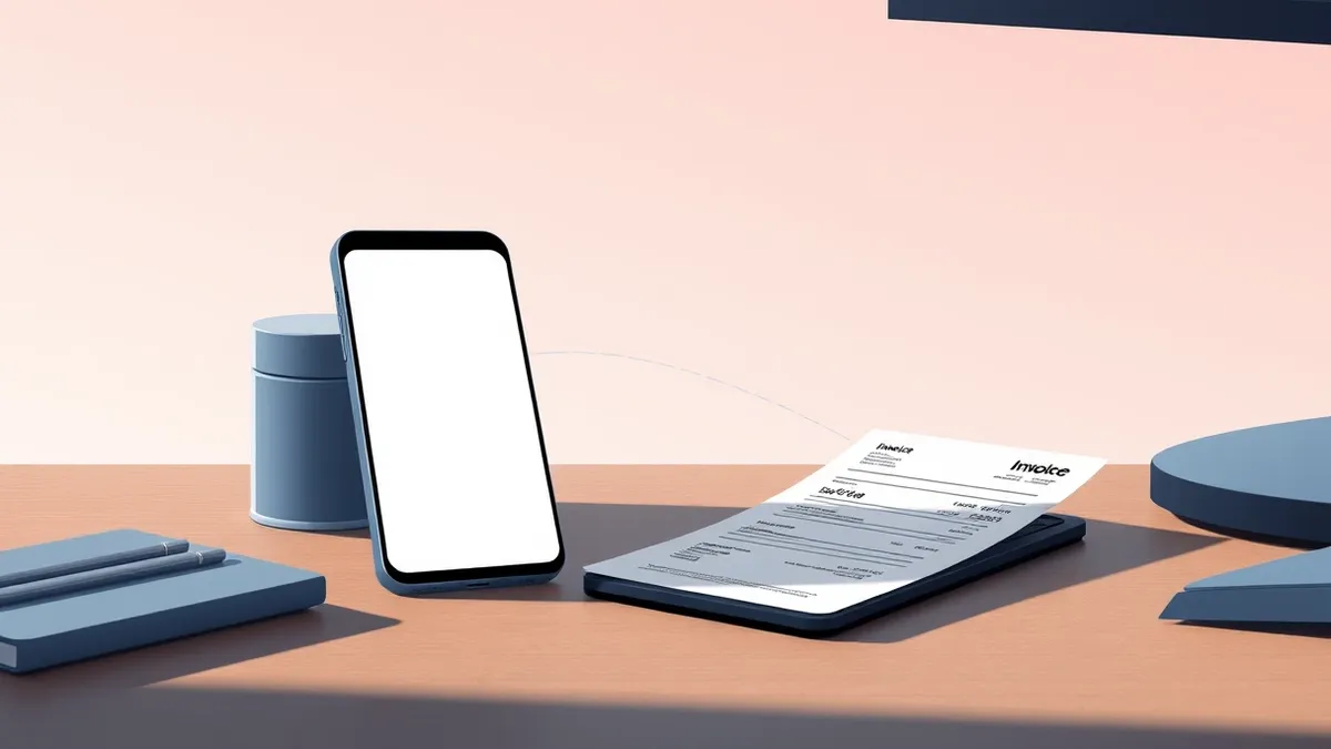 Illustration: A smartphone sits on a desk with a blank screen, while a single printed invoice lies nearby.