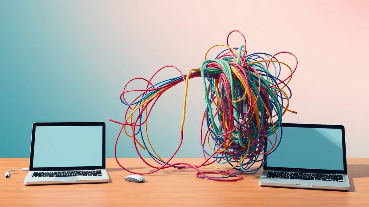 Illustration: A tangled knot of colorful office supply strings represents complex business logic workflows, with a single frayed thread pulled loose to reveal a gap in the system's