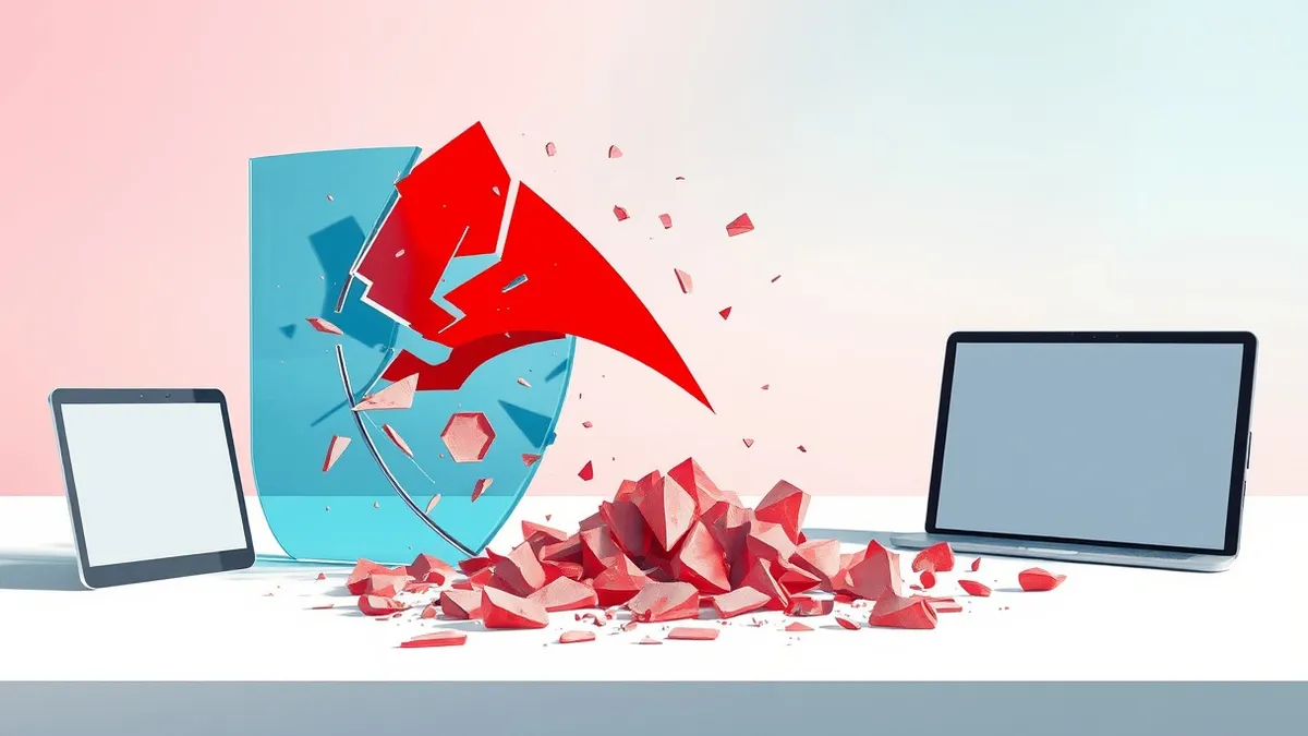 Illustration: A stylized red jagged shape crashes through a translucent blue shield, shattering it into sharp geometric fragments.