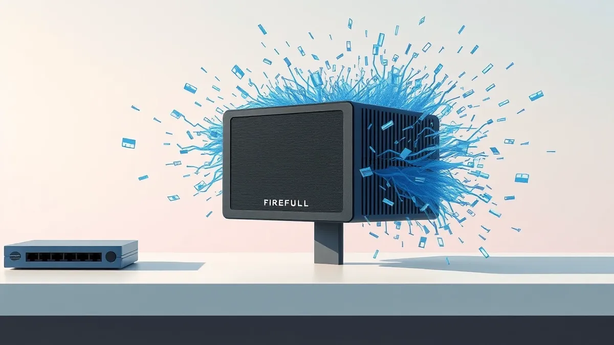 Illustration: A black rectangular network firewall sits on a white desk with blank front panel lights.