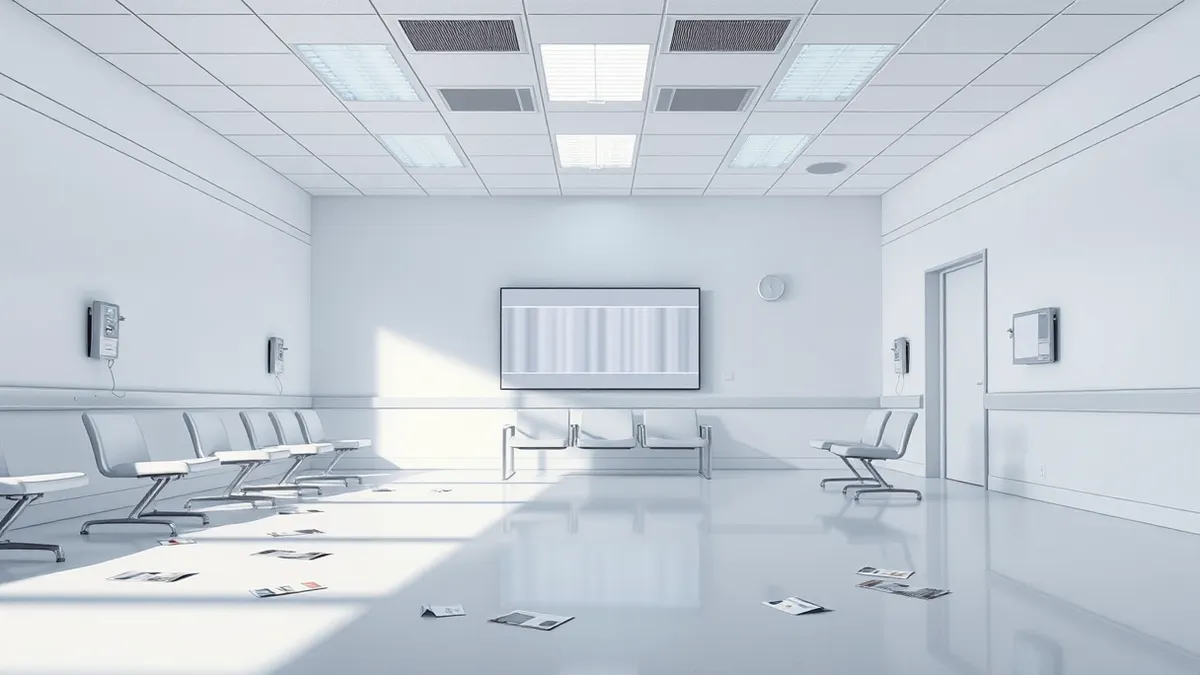 Illustration: A pristine white hospital waiting room sits empty and silent under harsh fluorescent lights, with scattered medical brochures on the floor and a digital display showi