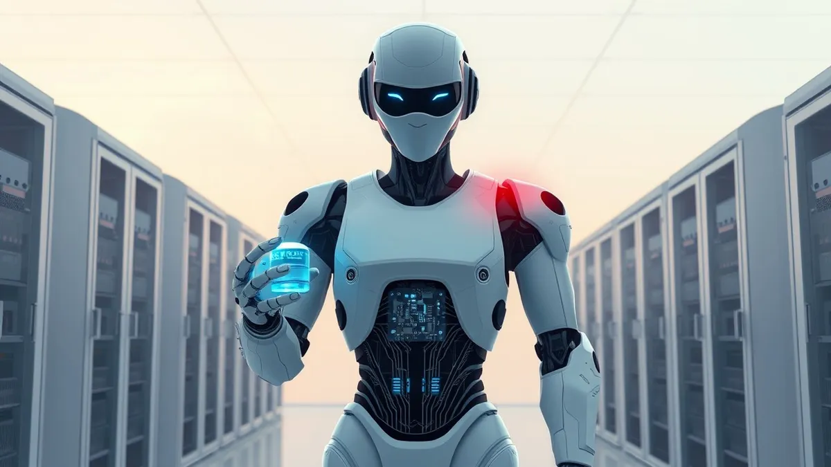 Illustration: A sleek white autonomous robot stands in a sterile server room, holding a glowing blue data capsule.