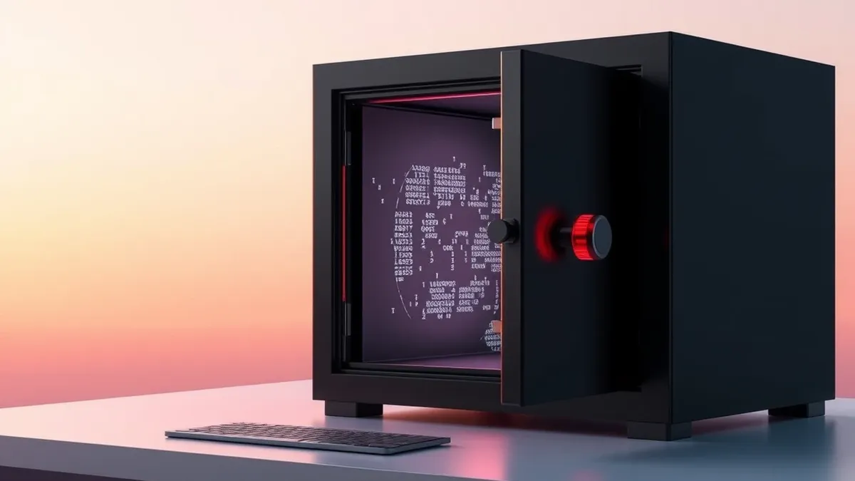 Illustration: A sleek black digital vault sits open on a minimalist desk, its heavy metal door slightly ajar to reveal glowing abstract data clusters inside.