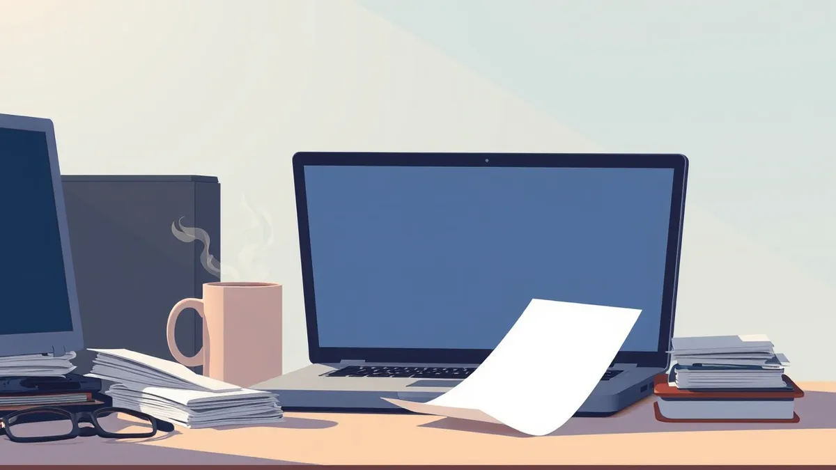 Illustration: An open laptop sits on a cluttered office desk beside a steaming coffee mug.