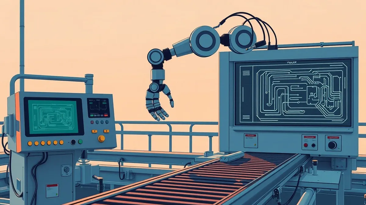 Illustration: A robotic arm hovers over an assembly line conveyor belt while a nearby industrial control panel displays subtle, distorted graphical patterns.