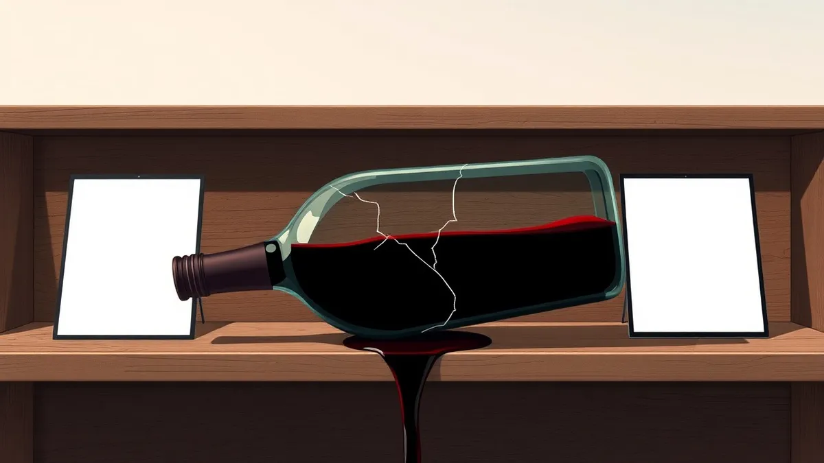 Illustration: A cracked glass wine bottle rests on a dusty wooden shelf, leaking dark liquid that pools around its base.