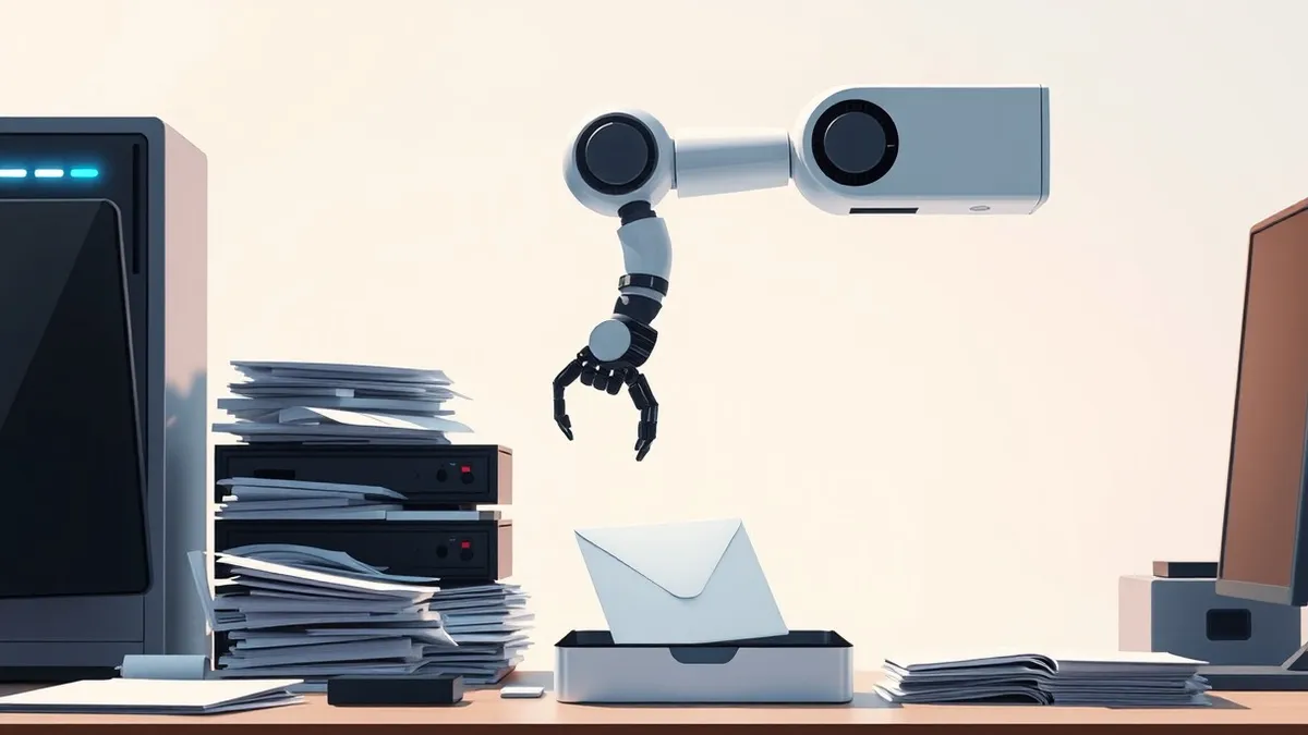 Illustration: A sleek autonomous robot arm hovers over a cluttered office desk, carefully sorting blank documents and pushing a sealed envelope toward a waiting tray.