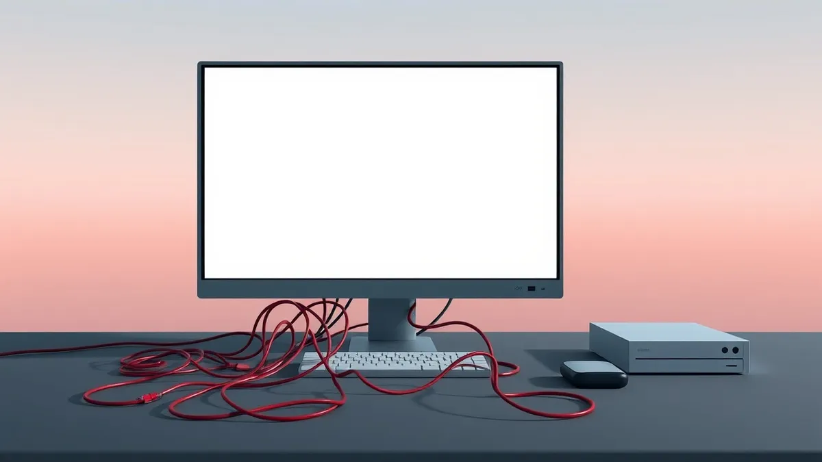 Illustration: An open computer monitor displays a blank white screen with a small, dark window icon in the corner.