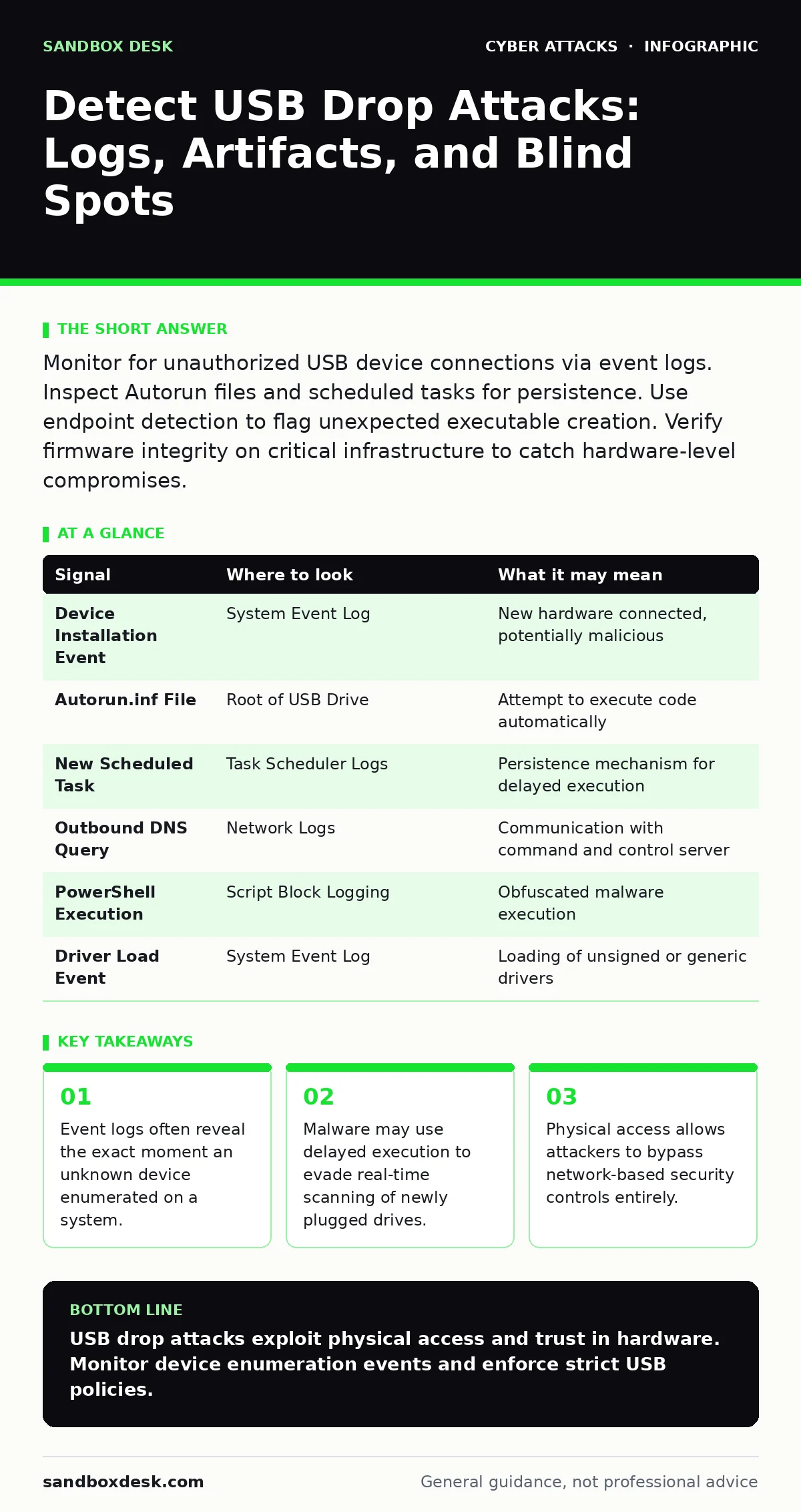Infographic: Detect USB Drop Attacks: Logs, Artifacts, and Blind Spots. Event logs often reveal the exact moment an unknown device enumerated on a system. Malware may use delayed execution to evade real-time scanning of newly plugged drives. Physical access allows attackers to bypass network-based s