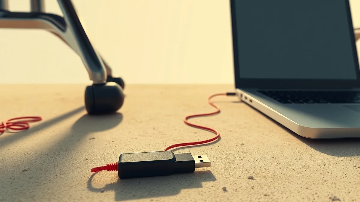 Illustration: A small black USB drive rests on a dusty office floor near a chair leg.