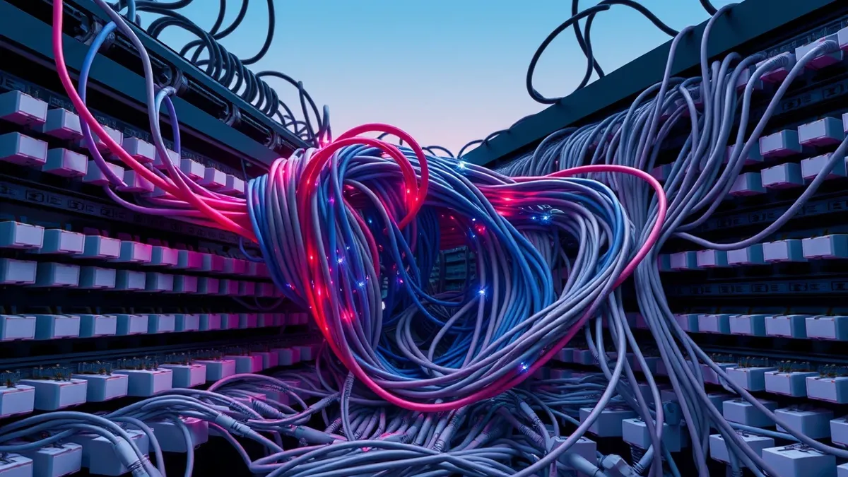 Illustration: A tangled knot of glowing red and blue cables snakes through a dense forest of standard white network plugs.