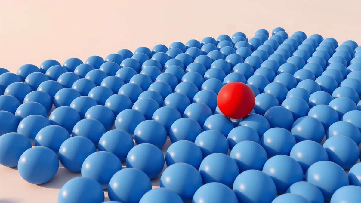 Illustration: A solitary, irregular red sphere floats outside a dense, uniform cluster of smooth blue balls.