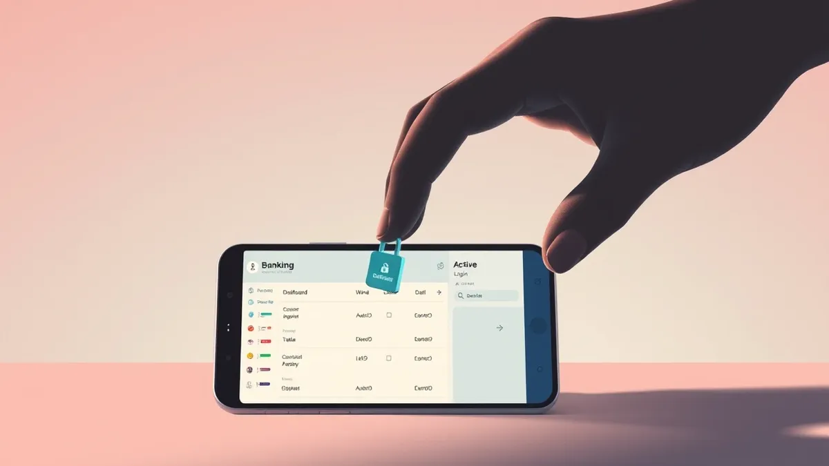 Illustration: A smartphone displays a generic banking application with an active dashboard.