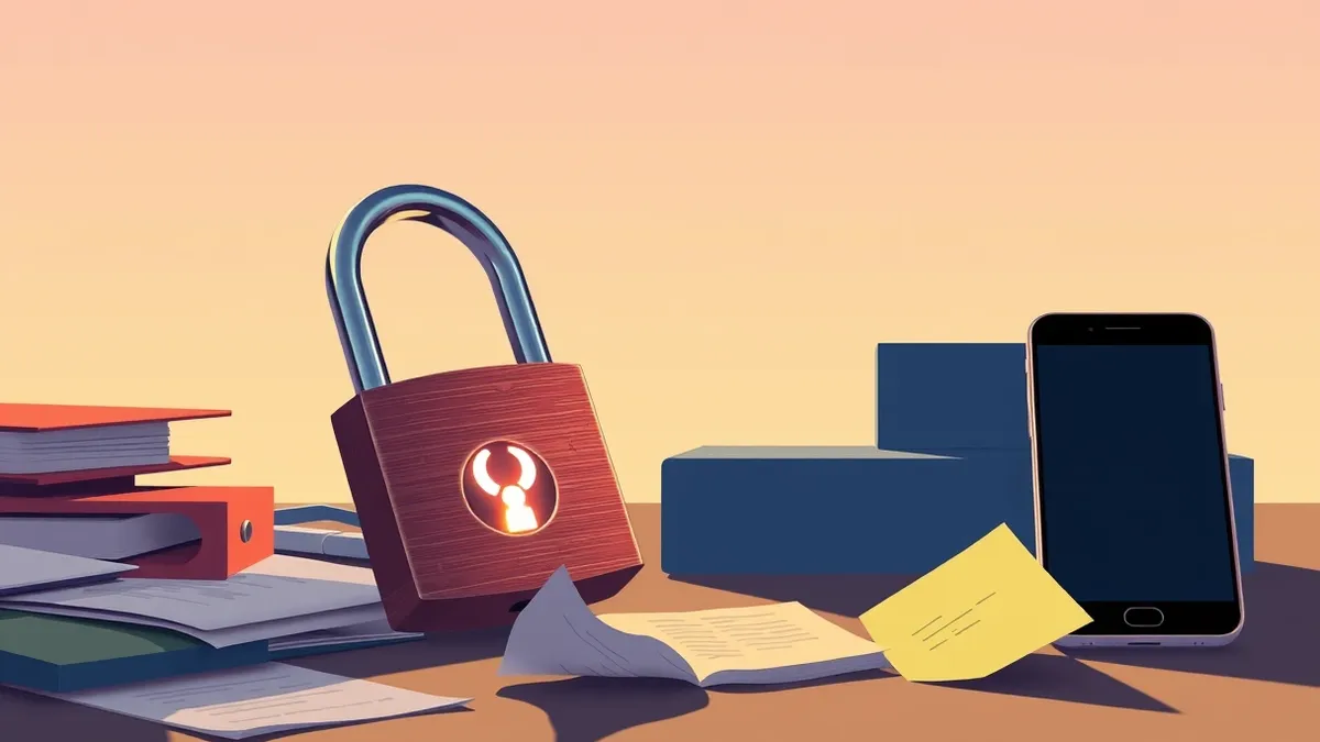 Illustration: A sturdy metal padlock sits abandoned on a cluttered desk next to an unlocked smartphone and a crumpled sticky note.
