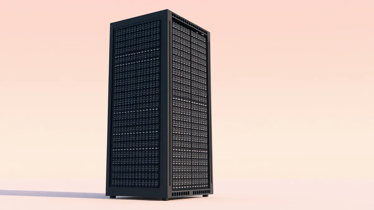 Illustration: A tall black server rack stands alone, its front panel densely packed with thousands of tiny, uniform square chips arranged in a strict grid.