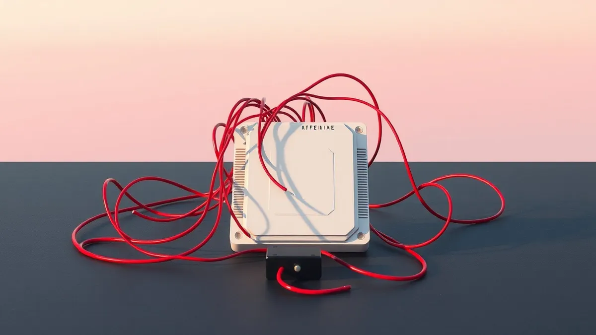 Illustration: A pristine white computer chip sits on a dark surface, half obscured by tangled red wires that resemble tripwires.