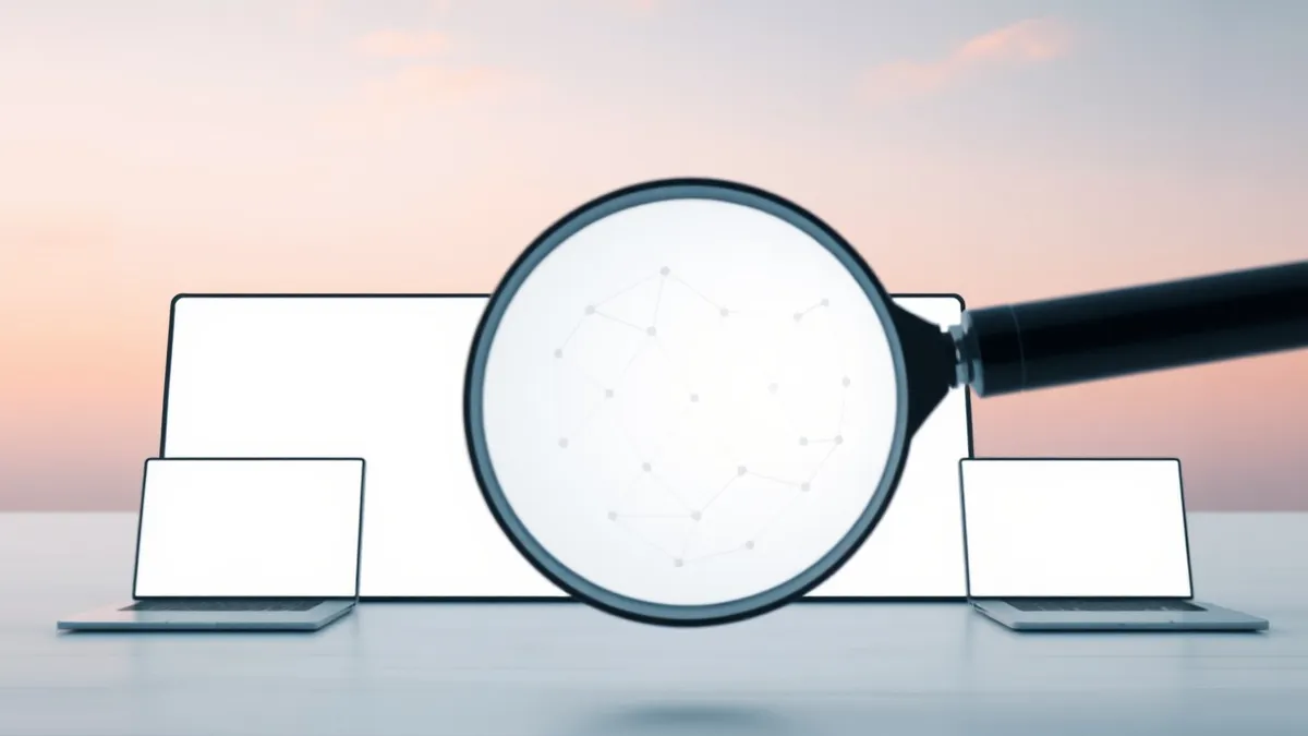 Illustration: A magnifying glass hovers over a blank digital interface, revealing faint abstract geometric patterns hidden beneath the surface.
