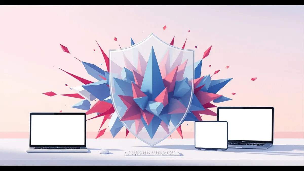 Illustration: A translucent shield wraps around a chaotic swirl of abstract geometric shapes, filtering out jagged red spikes while allowing smooth blue forms to pass through, symb