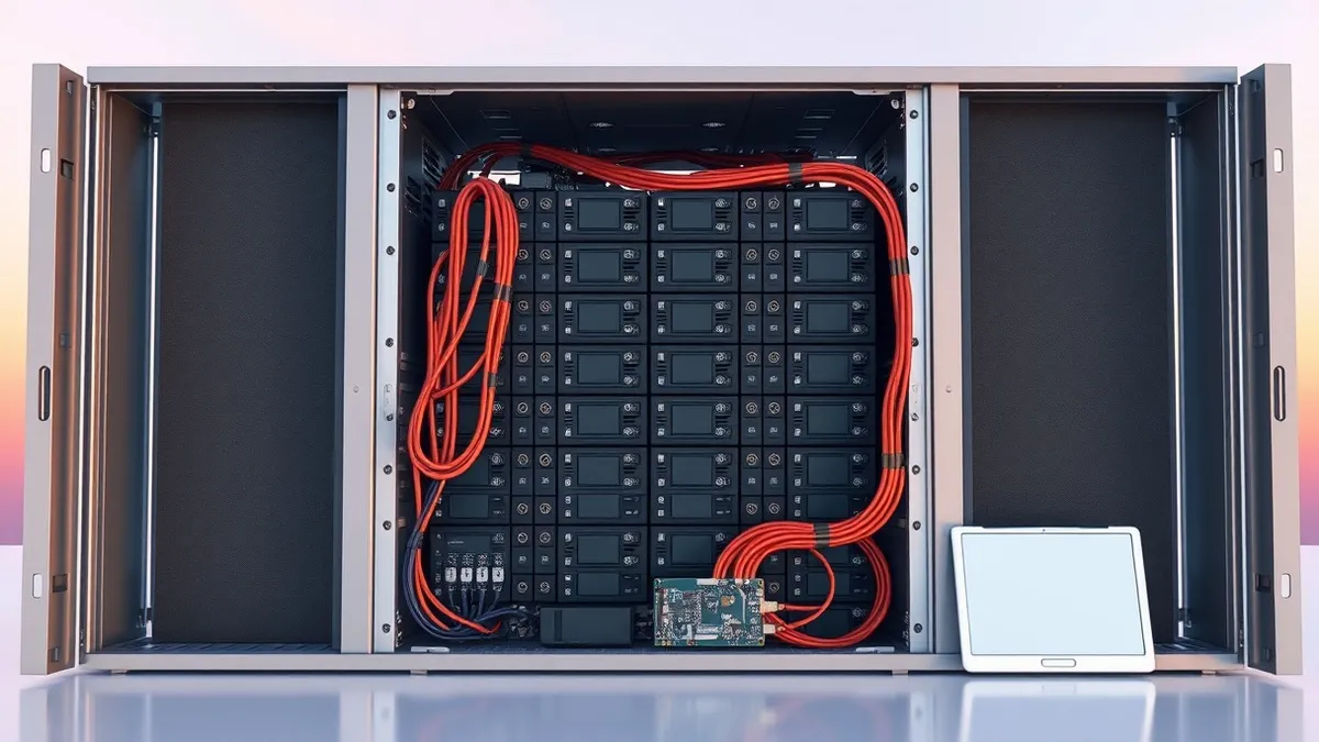 Illustration: A dense rack of black rectangular power modules sits inside an open metal server chassis.