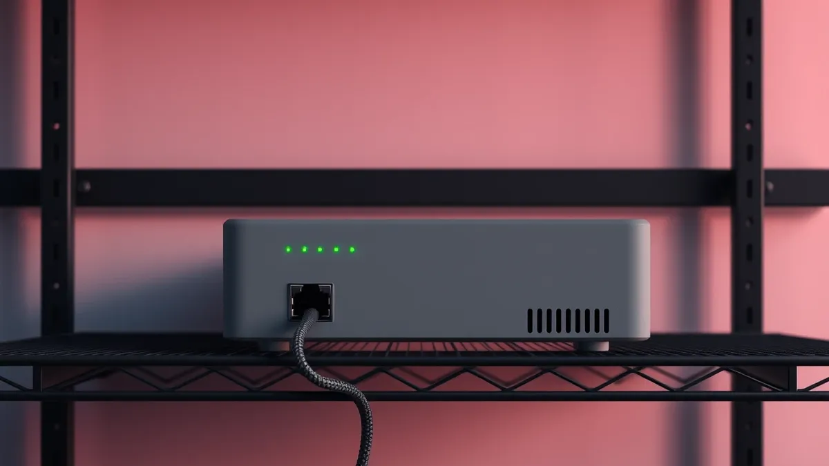 Illustration: A gray network router sits on a dark metal shelf, its front panel featuring three small green status lights and a single black Ethernet port.