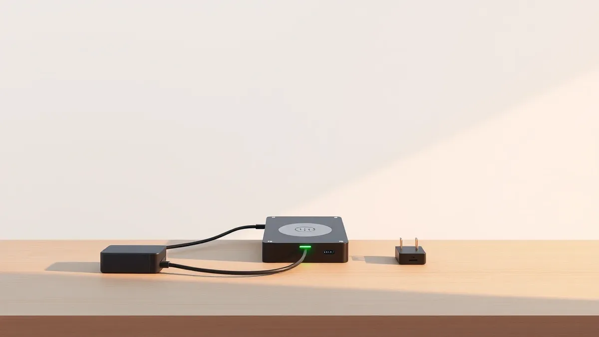 Illustration: A single external hard drive sits on a clean wooden desk, connected by a thick cable to a small power adapter.