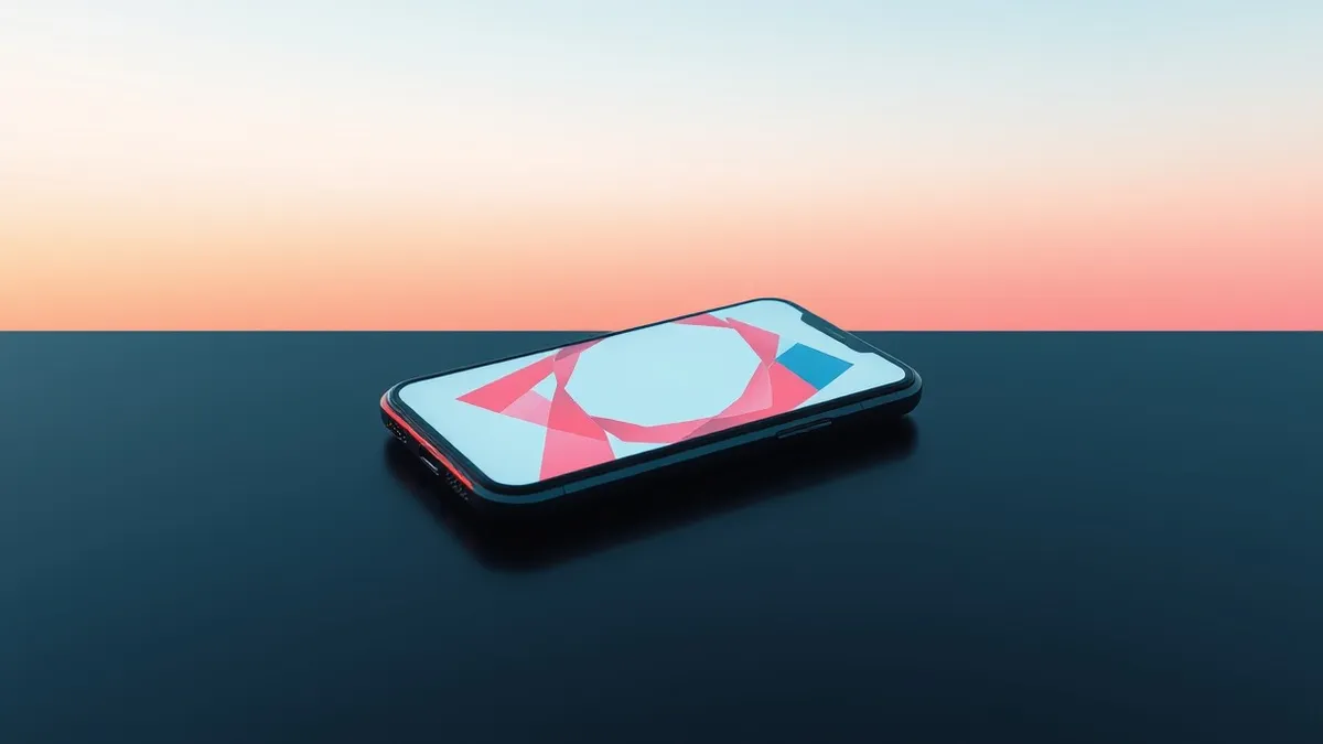 Illustration: A blank smartphone rests on a dark desk, its screen reflecting abstract red and blue geometric shapes that swirl in chaotic patterns.