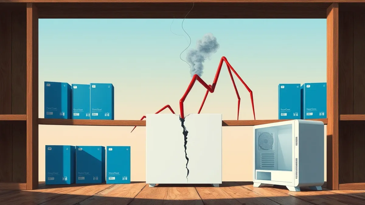 Illustration: A dusty wooden shelf holds several identical blue software boxes, but one box in the center has a jagged crack emitting thin black smoke.