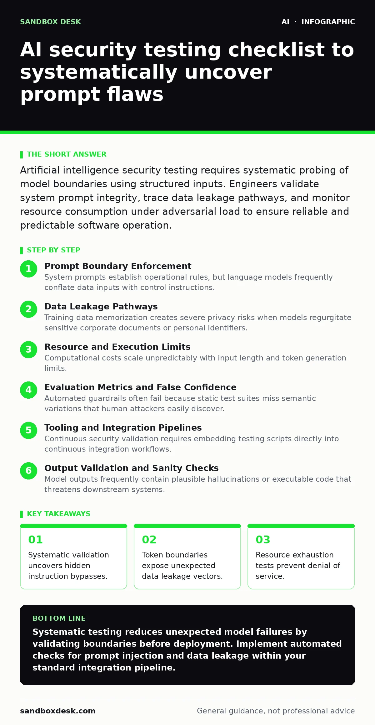 Infographic: AI security testing checklist to systematically uncover prompt flaws. Systematic validation uncovers hidden instruction bypasses. Token boundaries expose unexpected data leakage vectors. Resource exhaustion tests prevent denial of service.