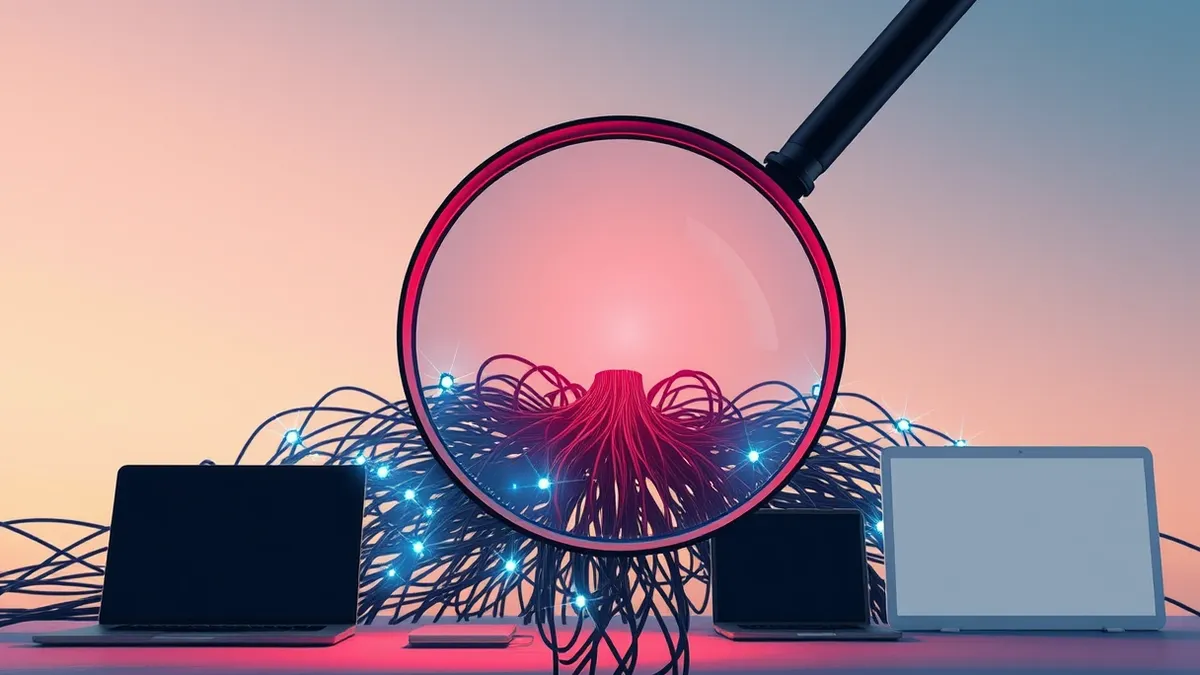 Illustration: A magnifying glass hovers over a tangled nest of glowing fiber optic cables, highlighting a single fractured node where light leaks out.