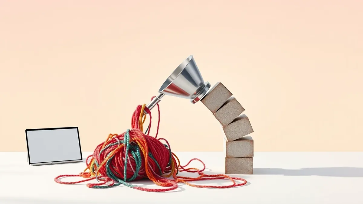 Illustration: A tangled knot of colorful yarn sits on a clean white table, representing messy input data.