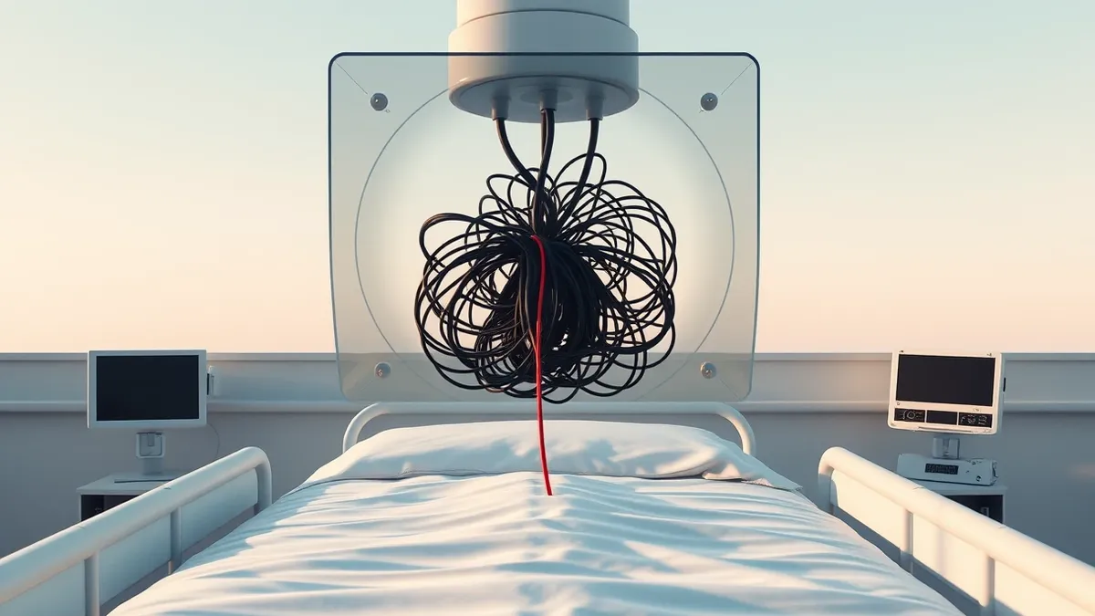 Illustration: A translucent glass medical scanner hovers over a blank hospital bed, revealing a tangled knot of dark wires inside its casing.